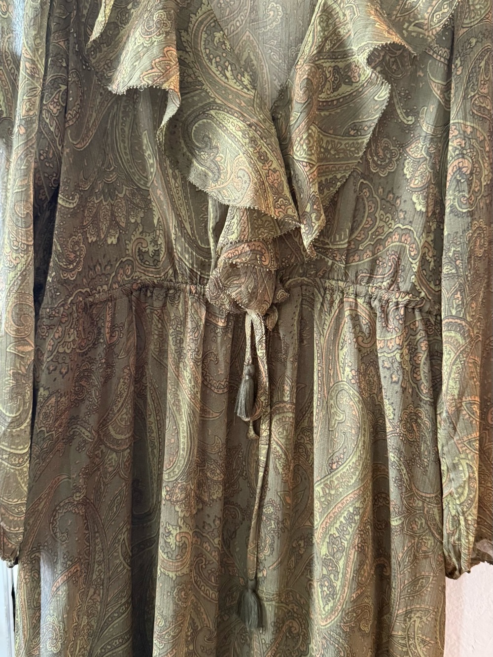 Mango Olive Paisley Ruffle Tie-Waist Long Sleeve Dress